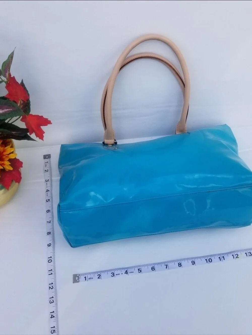 Kate Spade Turquoise Patent Tote Bag Beige Handles Fair Condition